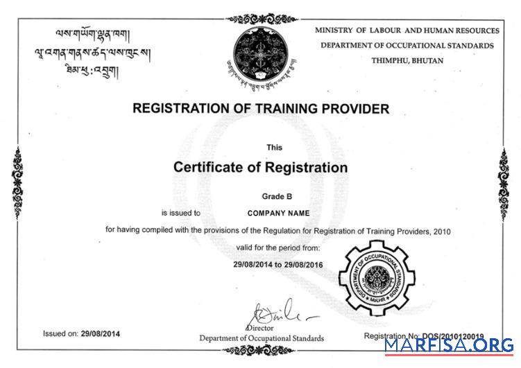 Realistic Bhutan Certificate of Registration example